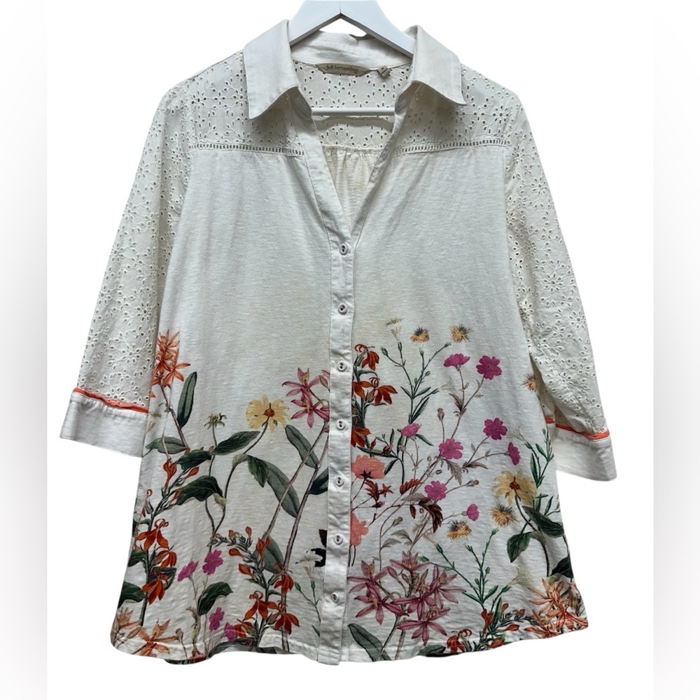 Soft Surroundings Off White Floral Button Shirt Eyelet Lace Boho Cottagecore